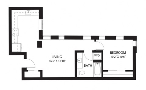 Floor plan for 1 bed, 1 bath, 658 sqft